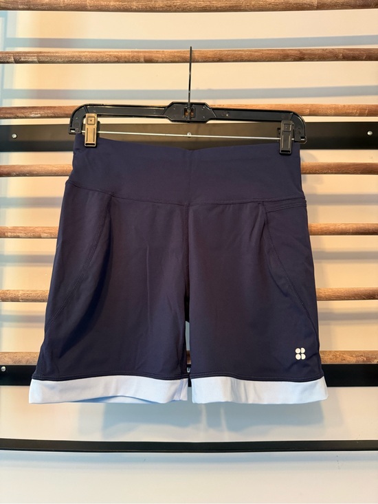 Sweaty Betty Pants - Sweaty Betty Navy 6” Bike Shorts with Light Blue Trim